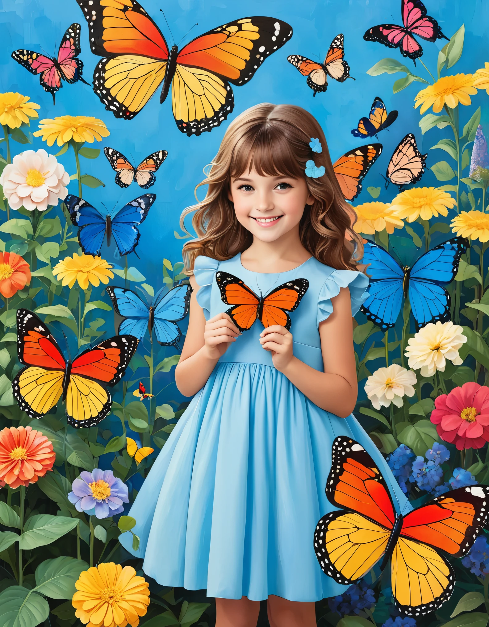 A young girl with brown hair in a blue dress, smiling and posing closely with a giant colorful butterfly, set in a whimsical garden