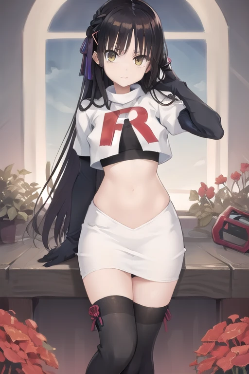 solo, Natsume, black hair, yellow eyes, long hair, hairclip, hair ribbon, mole under eye, hair flower, red flower, team rocket,team rocket uniform,white skirt,red letter R,crop top,black thigh-highs,black elbow gloves