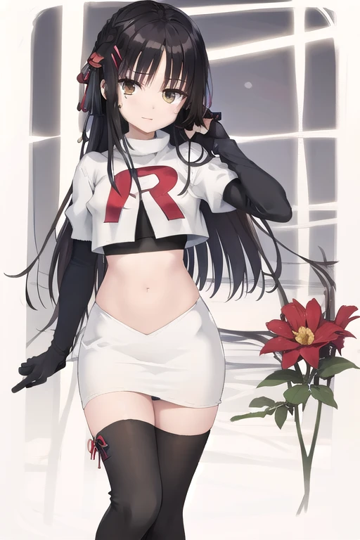 solo, Natsume, black hair, yellow eyes, long hair, hairclip, hair ribbon, mole under eye, hair flower, red flower, team rocket,team rocket uniform,white skirt,red letter R,crop top,black thigh-highs,black elbow gloves