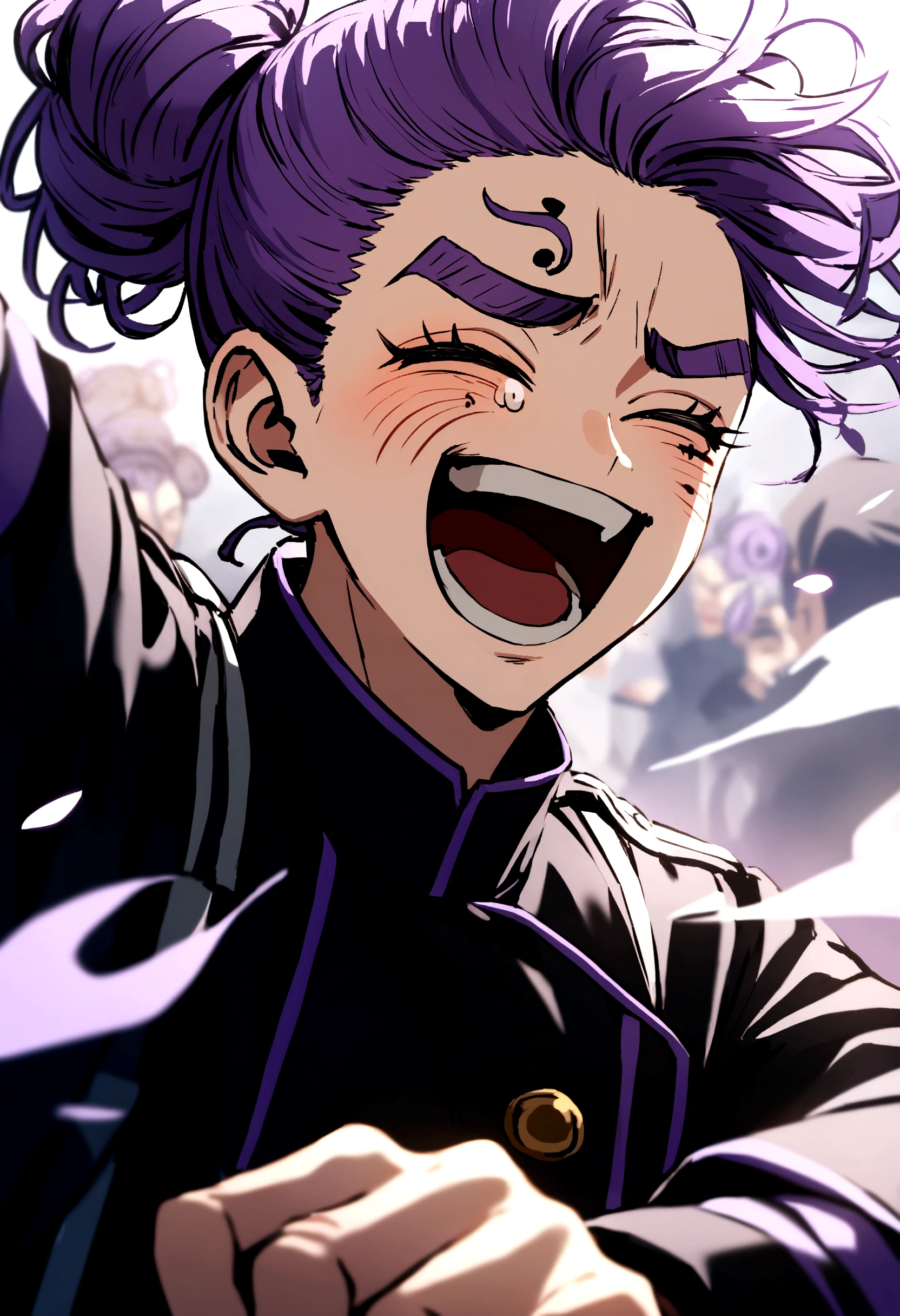 Tokyo Revengers character with black and purple hair tied in a messy bun, with the toman uniform with lilac details , with a laughing expression on his face,