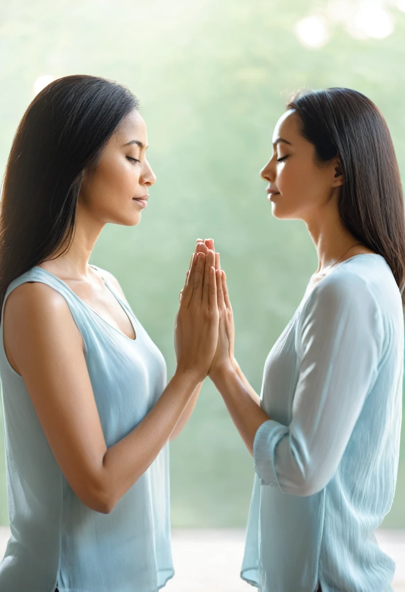 Two women facing each other with their hands touching in a prayer-like position, eyes closed. They appear peaceful and serene, expressing a sense of calm and connection. The background is soft and blurred, highlighting their interaction.

Additional Details:

Appearance:
Woman 1: Dark hair, medium skin tone, wearing a white top.
Woman 2: Light brown hair, fair skin tone, wearing a light blue top.
Environment:
Subtle, muted colors in the background.
Soft, warm lighting to enhance the serene atmosphere.