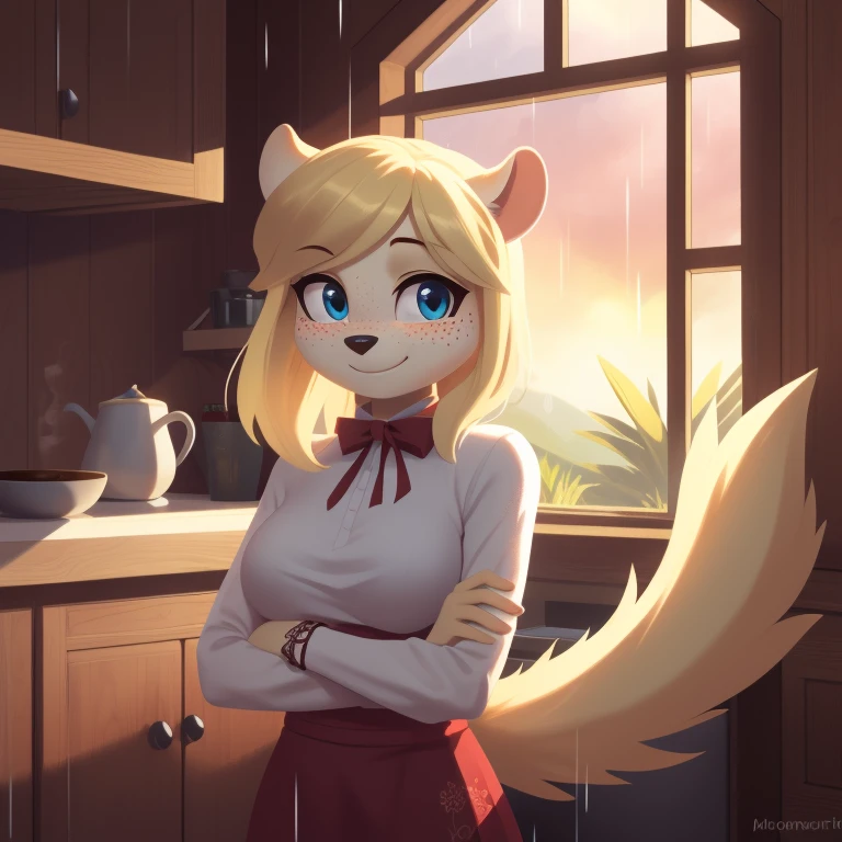 minerva, medium breast,
(detailed blonde hair:1.4), (detailed perfect eyes:1.2), white fur, (detailed fluffy fur:1.2), perfect hourglass body, mink snout, (long fluffy blonde tail:1.3), beautiful black eyes, relaxed pose, looking at viewer,
(freckles:1.2), light smile,
serving coffee,
(masterpiece:1.2), (best quality:1.2), (intricate:1.2), (highly detailed:1.2), (sharp:1.2), (8k:1.2), (highres:1.2),
cinematic summer tropical lighting, vivid colors,
kitchen, wooden cabin,
window, forest, rain,
aliceinwonderlandoutfit