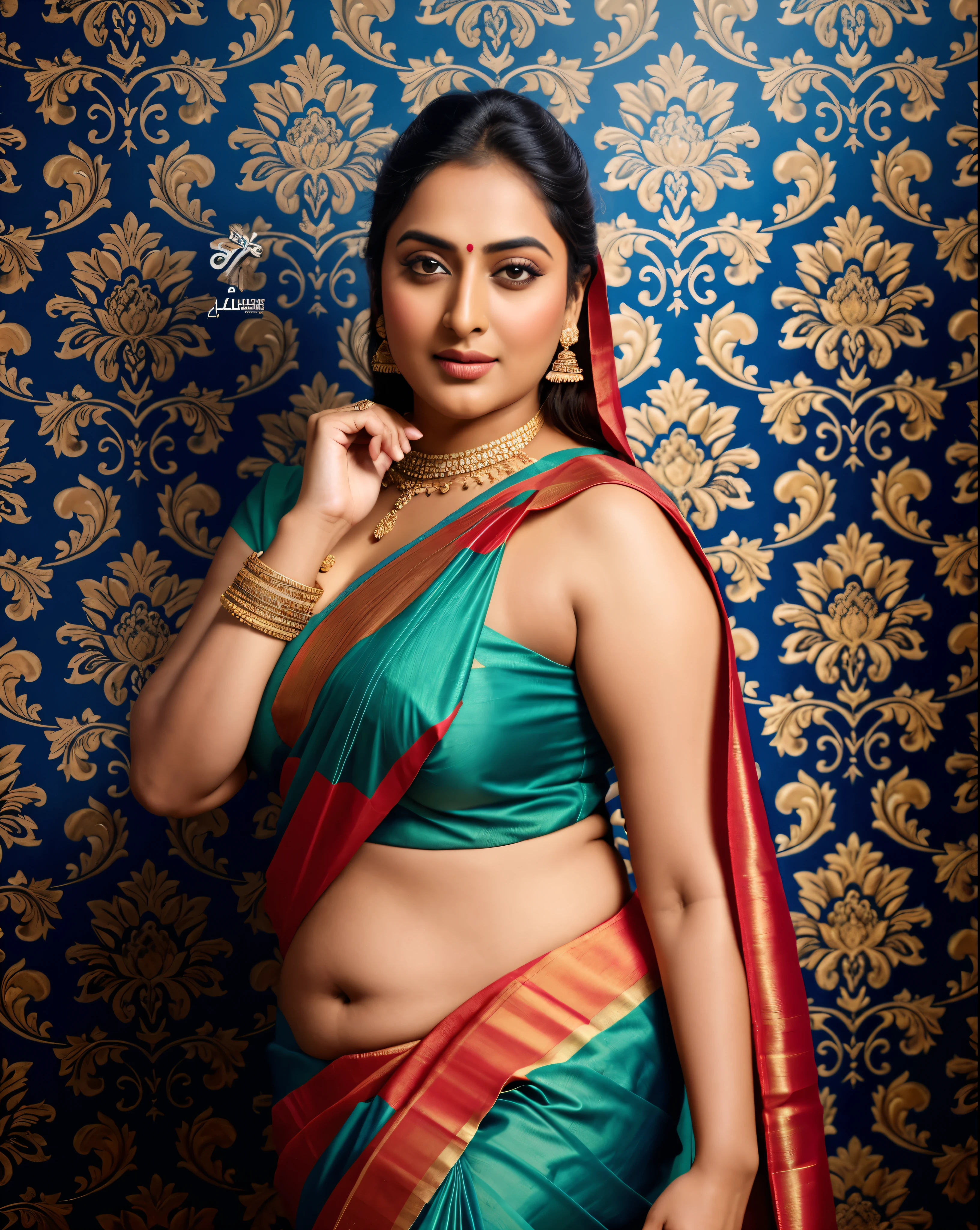 Foto RAW, photorealistic, photography, full body shot, master shot, perfect eyes, goddess like beauty, pierced eyes, perfect thick chubby mallu Desi aunty bhabhi, Wearing a Stanapatta, a chest-band.Saree model, model Photography, Indian saree shoot, Indian traditional wear advertising photography, traditional wear brand shoot, face of Indian actress Sonakshi Sinha, masterpiece, realistic, realism, incredible details,  pleasure, photorealism, detailed skin, skin pores, high contrast, photorealistic Artstation 8k HD digital art trend of high definition and detailed realistic skin texture, ultra detail, realistic skin texture, armature, best quality, ultra high definition, (photorealistic:1.4),, high resolution, detail, raw photo, sweat, Re sharp, by Lee Jefferies Nikon D850 Film Stock Photo 4 Kodak Portra 400 Camera F1.6 Lens Rich Color Ultra Real Realistic Realistic Textures Dramatic Lighting Unreal Engine Trending at Art Station Cinestill 800,(pele altamente detalhada: 1.2), 8k UHD, DSLR, soft-lighting, alta qualidade, grain of film, Fujifilm XT3,she didn't like to wear blouse or bra, she is happy to wear only saree, she hates blouse or bra, detailed hairy armpits, hyper realistic skin, skin pores, sweat, veins, 