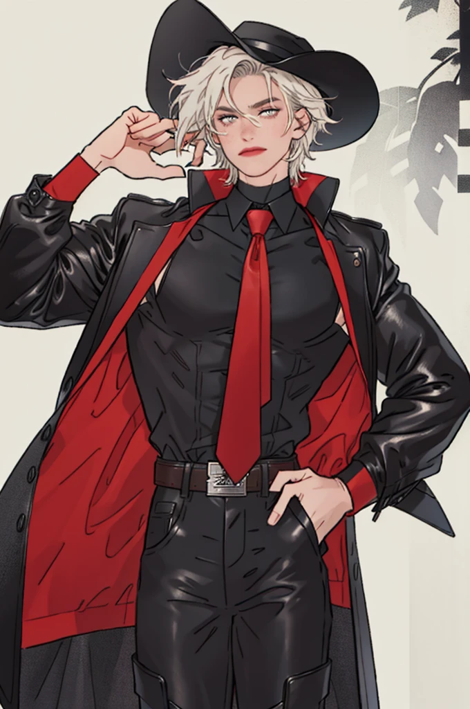 A fashion illustration of a male model wearing a gothic cowboy outfit. He is wearing leather pants, a jacket cropped at the chest, boots, a skin tight button up shirt, a red necktie, and a black cowboy hat. The main colour theme is black, white, and red. Show me the front and the back of the outfit., masterpiece, UHD, anatomically correct, super detail