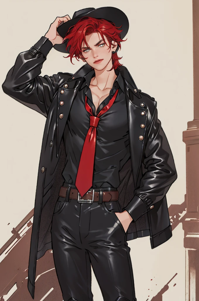 A fashion illustration of a male model wearing a gothic cowboy outfit. He is wearing leather pants, a jacket cropped at the chest, boots, a skin tight button up shirt, a red necktie, and a black cowboy hat. The main colour theme is black, white, and red. Show me the front and the back of the outfit., masterpiece, UHD, anatomically correct, super detail