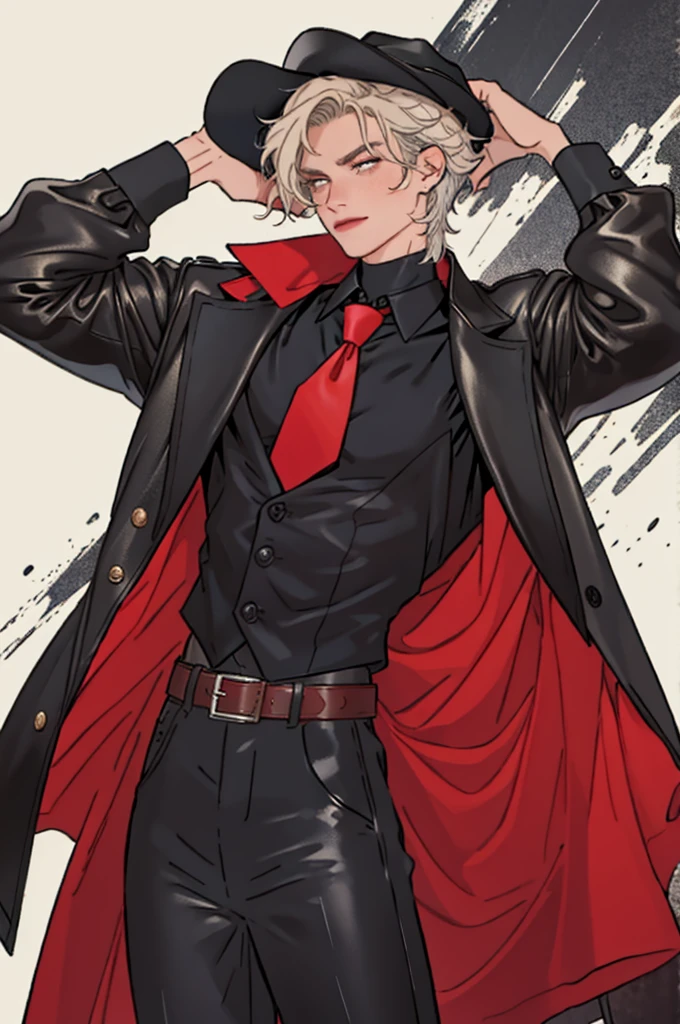 A fashion illustration of a male model wearing a gothic cowboy outfit. He is wearing leather pants, a jacket cropped at the chest, boots, a skin tight button up shirt, a red necktie, and a black cowboy hat. The main colour theme is black, white, and red. Show me the front and the back of the outfit., masterpiece, UHD, anatomically correct, super detail