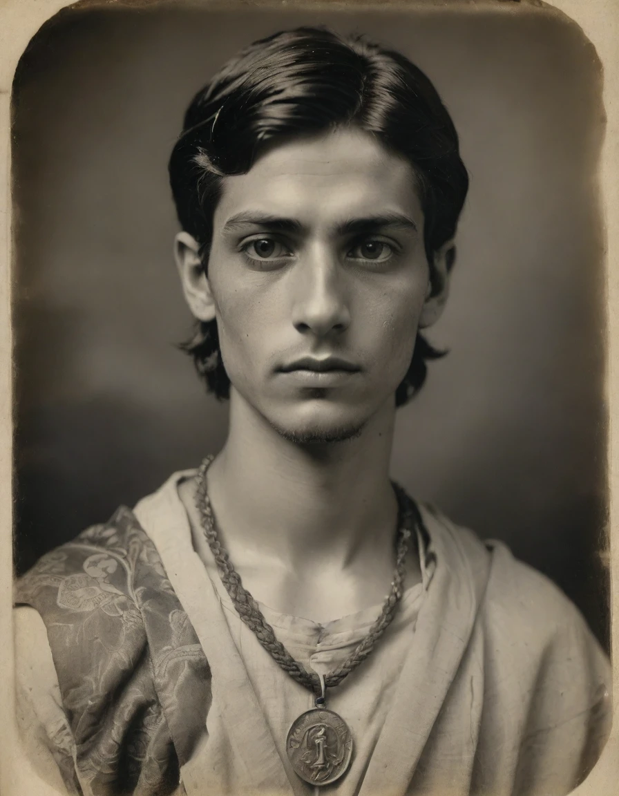 {{{rough monochrome, daguerreotype on old paper, male focus}}}, the composition is: (((((half body portrait of a 15 year old Italian male, dignified, arrogant, proud, praying, snake eye pupils. Tattoos, face tattoos. He is wearing a silk toga with Byzantine elements, sashes, moth medals, pauldrons, pendants, moth symbology, jungle background)))))