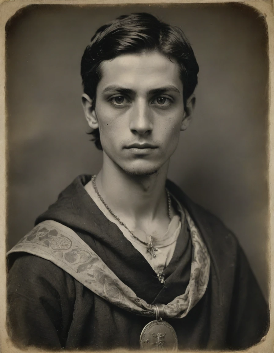 {{{rough monochrome, daguerreotype on old paper, male focus}}}, the composition is: (((((half body portrait of a 15 year old Italian male, dignified, arrogant, proud, praying, snake eye pupils. Tattoos, face tattoos. He is wearing a silk toga with Byzantine elements, sashes, moth medals, pauldrons, pendants, moth symbology, jungle background)))))
