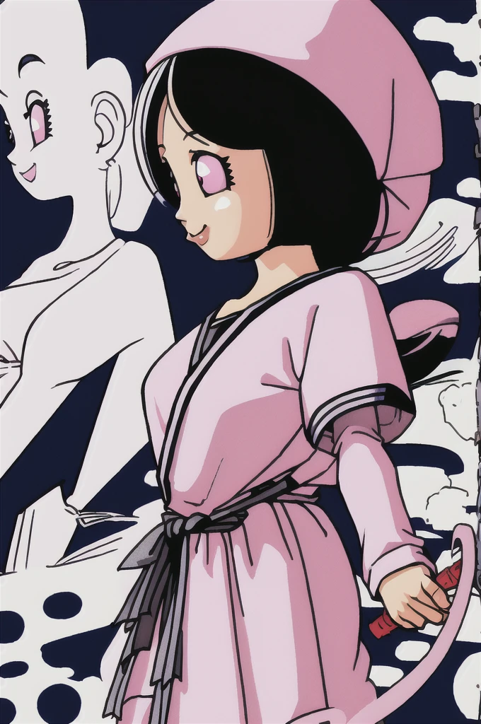 akira toriyama style,1girl, mature lady, ((solo:1.4)), modern clothes, long black hair, pink eyes, anime coloring, innocent smile, ((masterpiece)) 
