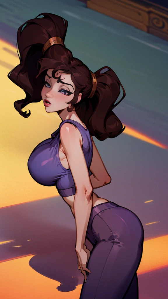 extremely delicate and beautiful, Amazing, finely detail, masterpiece, ultra-detailed, highres,best illustration, best shadow,intricate,sharp focus,  high quality, Megara, Megara from Disney, solo, long brown hair, curvy, milf, (giant breasts), sexy body, genshin impact, sports bra, yoga pants, cutesexyrobutts style