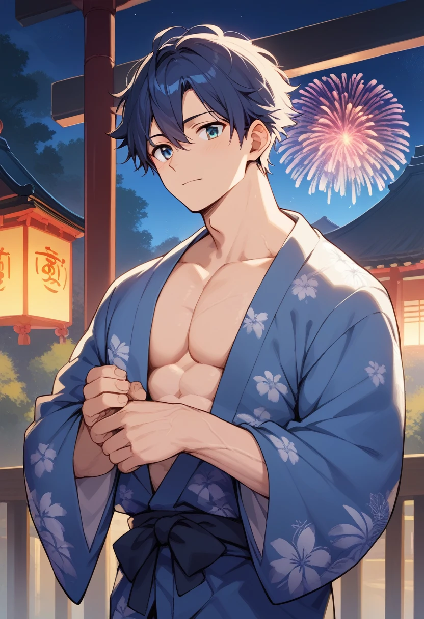 (score_9,score_8_up,score_7_up,score_6_up,score_5_up,score_4_up, source_anime), 8k, best quality, best lighting, BREAK, 1boy is 17 yo, muscled, male yukata, veiny arms, shrine, ((night)), ((midnight)), fireworks
