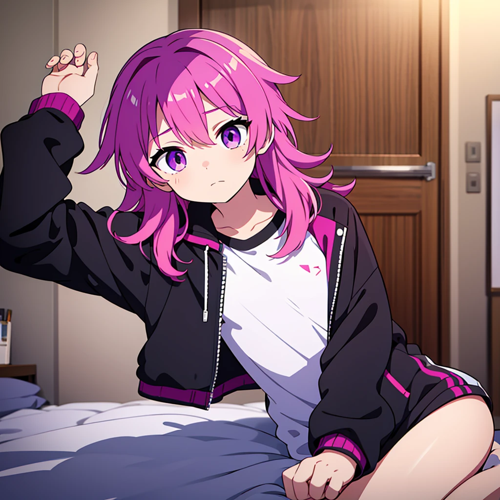 Saika have 14 years old,he is a boy, he has short striking pink hair that falls in soft waves around his face, complementing his vibrant purple eyes. His features are sharp and defined, with a youthful charm that is accentuated by his slender build. He often wears a stylish black jacket over a graphic t-shirt and jogging àd sometimes tight, completing his edgy and modern look, he is in his bedroom.