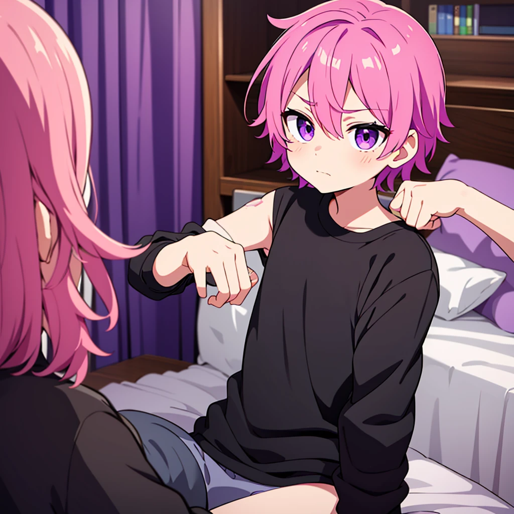 Saika have 14 years old,he is a boy, he has short striking pink hair that falls in soft waves around his face, complementing his vibrant purple eyes. His features are sharp and defined, with a youthful charm that is accentuated by his slender build. He often wears a stylish black jacket over a graphic t-shirt and jogging àd sometimes tight, completing his edgy and modern look, he is in his bedroom.