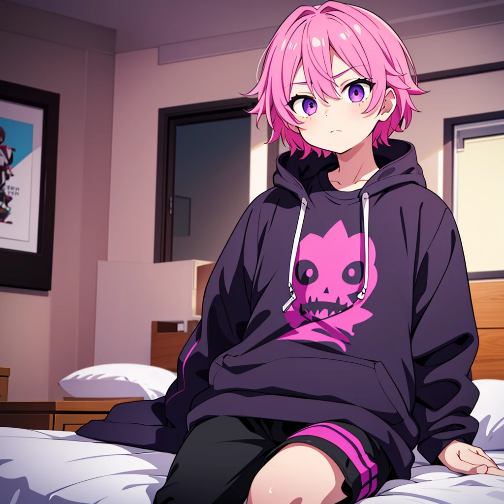 Saika have 14 years old,he is a boy, he has short striking pink hair that falls in soft waves around his face, complementing his vibrant purple eyes. His features are sharp and defined, with a youthful charm that is accentuated by his slender build. He often wears a stylish black jacket over a graphic t-shirt and jogging àd sometimes tight, completing his edgy and modern look, he is in his bedroom.
