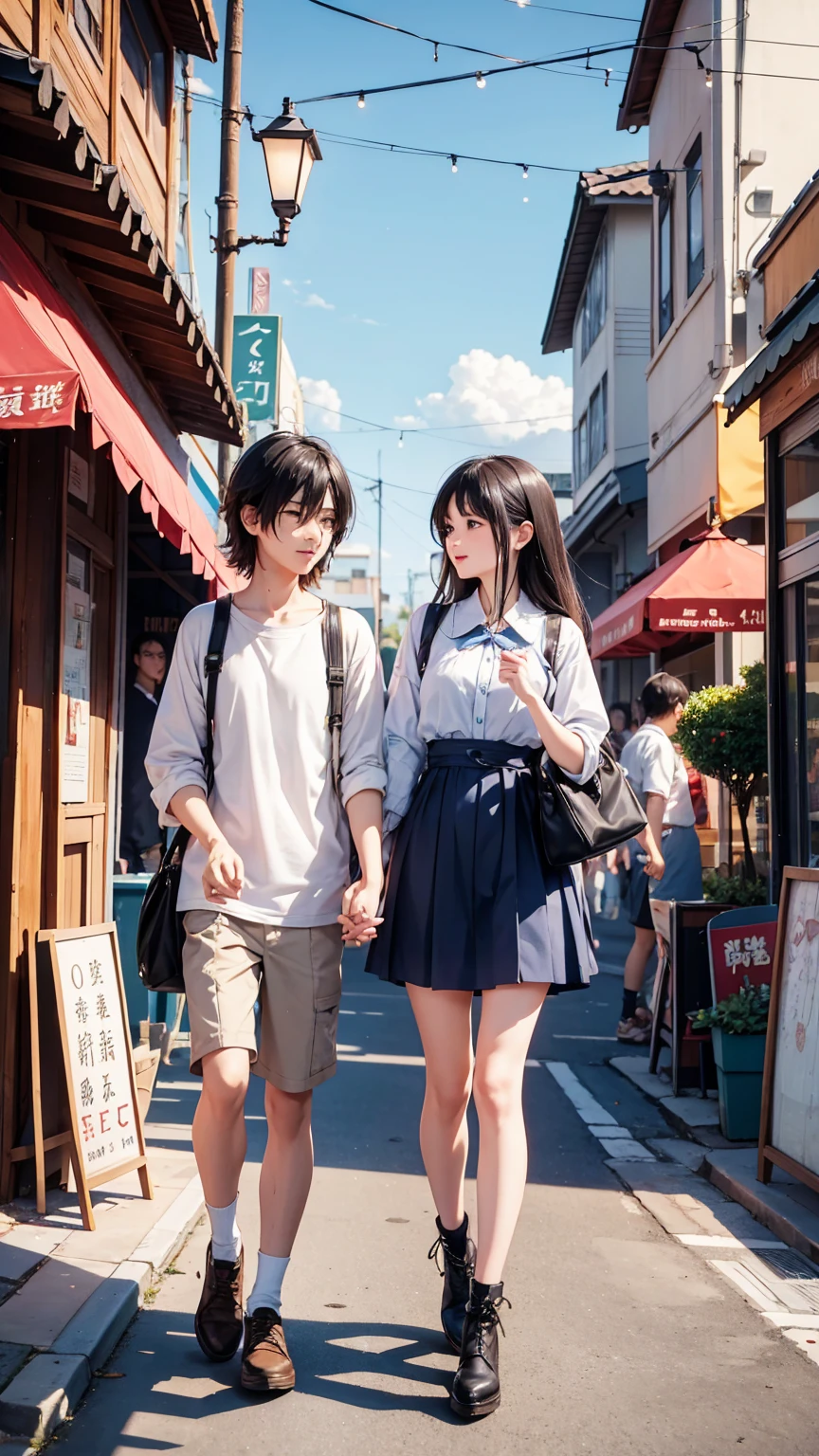 Scene description:
Please draw the moment when a 20-year-old man and woman meet by chance on the street.。They were classmates in high school.、The reunion after several years brings a mixture of surprise and joy.。The reunion takes place in a bustling part of town.。
background:
賑やかな街並みをbackgroundに設定してください。Cafes and boutiques、Street lamp、Draw so that the sidewalks and other features are visible.。Street trees line the street、There are some pedestrians and cyclists on the street.。backgroundには高層ビルや広告看板も見えると、Emphasizes an urban atmosphere。
