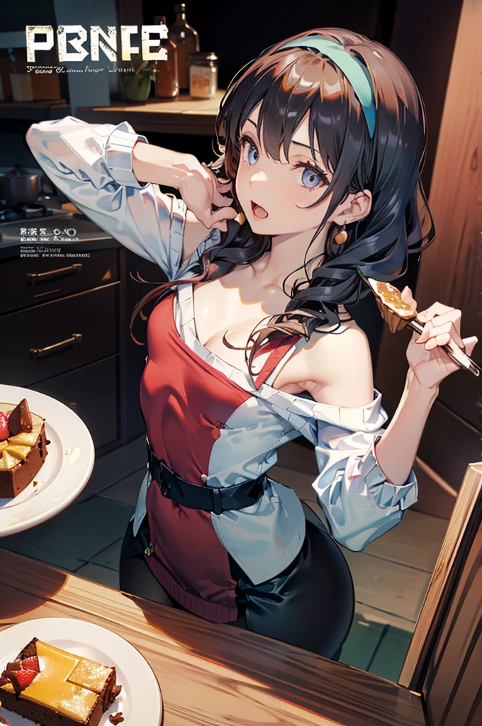 (small breasts:1.3), (perky chest:1.1), (pointed chest:1.0), (Pudding cake magazine cover:1.3),(from above:1.0),(from side:0.9),masterpiece, 1girl, Amazing Cleavage:1.1, thin waist, big ass, Raised sexy, small breast: 1.3, sexy posed cleavage:1.2,solo, open mouth, have a cute grass of cute beergrass,bronde hair, dark blue eyes, dress, bare shoulders, jewelry, collarbone, sidelocks, hairband, earrings, indoors, off shoulder, sweater, arms behind back, plant, short hair with long locks, gild hairband, sweater dress:1.2, off-shoulder sweater, red sweater, dark gord hair, big side hair, very long side hair,is rendered in (masterpiece: 1.2, best quality), with (ultra high resolution) and an exquisite (depth of field). This masterpiece is not only visually stunning but also tells,A scene of cooking in the kitchen in the classroom ,looking at viewer,