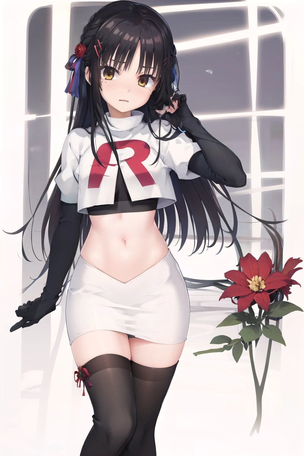 solo, Natsume, black hair, yellow eyes, long hair, hairclip, hair ribbon, mole under eye, hair flower, red flower, team rocket,team rocket uniform,white skirt,red letter R,crop top,black thigh-highs,black elbow gloves