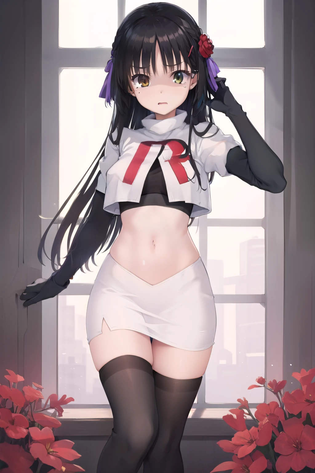 solo, Natsume, black hair, yellow eyes, long hair, hairclip, hair ribbon, mole under eye, hair flower, red flower, team rocket,team rocket uniform,white skirt,red letter R,crop top,black thigh-highs,black elbow gloves