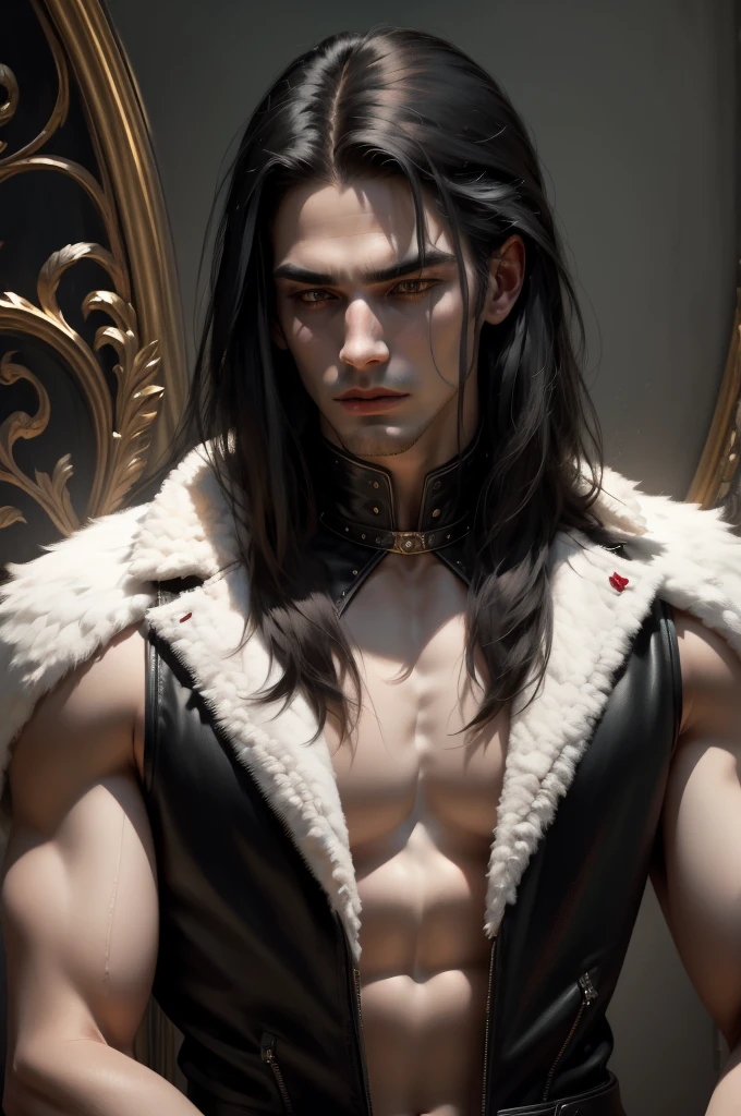 {anatomy}(Masterpiece - Ultra-detailed, very high resolution) Prepare to be enchanted by a true masterpiece that combines ultra-detailed art with high-resolution rendering. This work depicts a man with long black hair (1.3) and captivating golden eyes (1.2), emanating an aura of mystery in decadent settings. The intricate details and realistic textures invite you to explore every aspect of this enchanting composition. man wearing a black 1960s motorcycle vest. Face closed. Red lips. white skin like a vampire.