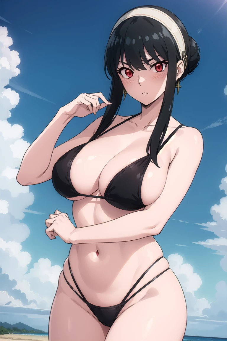 yorbriar, yor briar, black hair, (red eyes:1.5), earrings, white hairband, hairband, sidelocks,hair bun
BREAK black bikini , big breasts, wide hips , milf body , crowded public , everyone looking , blush
BREAK outdoors, city, sky, sun, clouds,
BREAK looking at viewer, (cowboy shot:1.5),
BREAK (masterpiece:1.2), best quality, high resolution, unity 8k wallpaper, (illustration:0.8), (beautiful detailed eyes:1.6), extremely detailed face, perfect lighting, extremely detailed CG, (perfect hands, perfect anatomy),