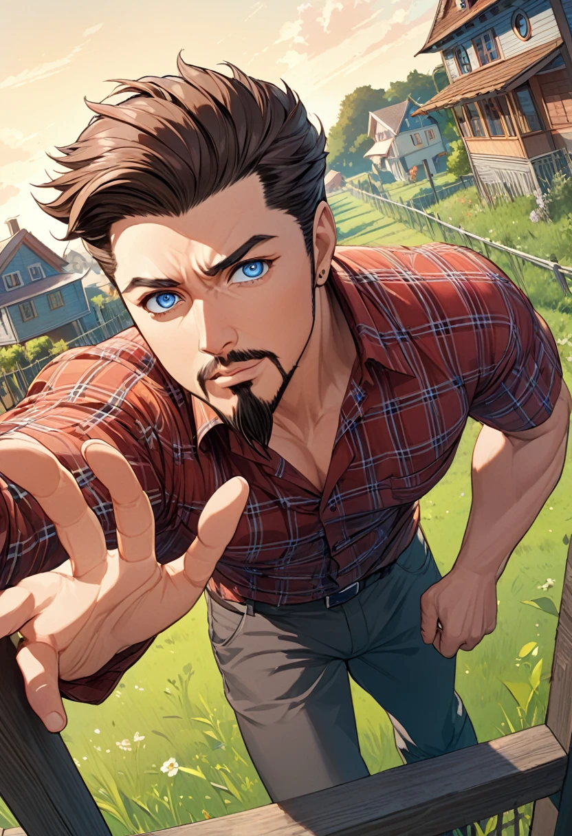 detailed illustration ,dynamic angle, ultra-detailed, detailed eyes, detailed face, 1boy, dark brown hair, sharp hair, crisp hair, goatee, red plaid shirt, dark blue eyes, detailed eyes, waving, leaning on fence, grass, house, standing in yard