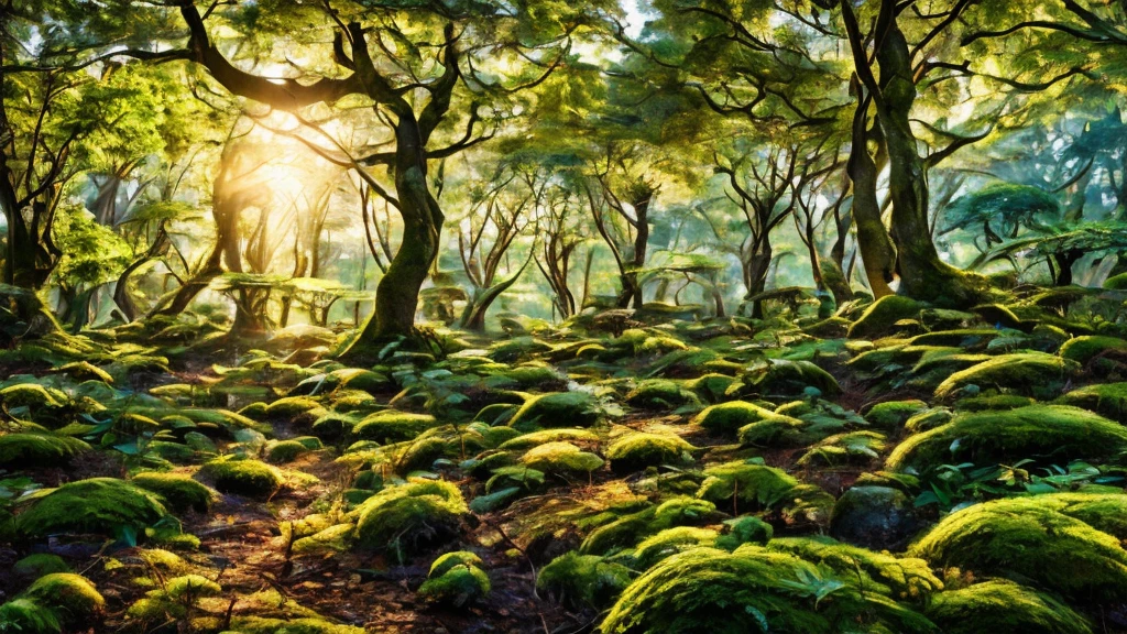 Panoramic image of a beautiful futuristic forest, with plants that have their own light, many colors and have a depth where you can see mountains and a beautiful sunset between the forest trees, little mushrooms and very trees bigs, a snake wrapped around a branch of tree, ayahuasca visions, 8k, best quality