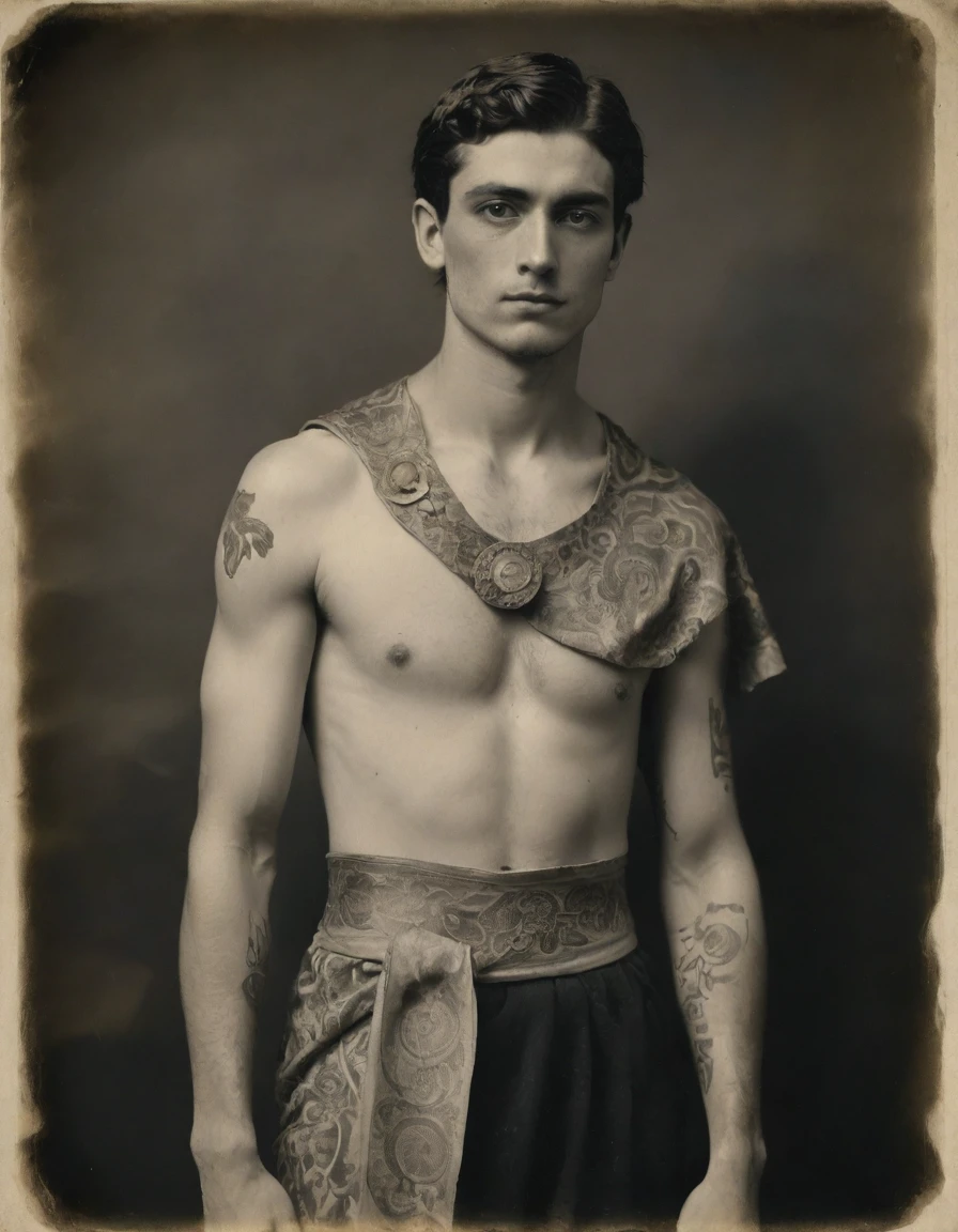 {{{rough monochrome, daguerreotype on old paper, male focus, full body}}}, the composition is: (((((a 15 year old Italian male, dignified, arrogant, proud, praying, snake eye pupils. Tattoos, face tattoos. He is wearing a silk toga with Byzantine elements, sashes, moth medals, pauldrons, pendants, moth symbology, jungle background)))))