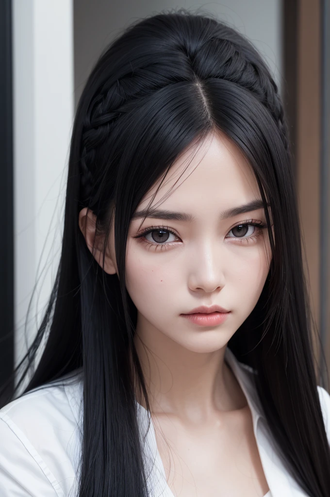 

 white woman with long black hair and black eyes