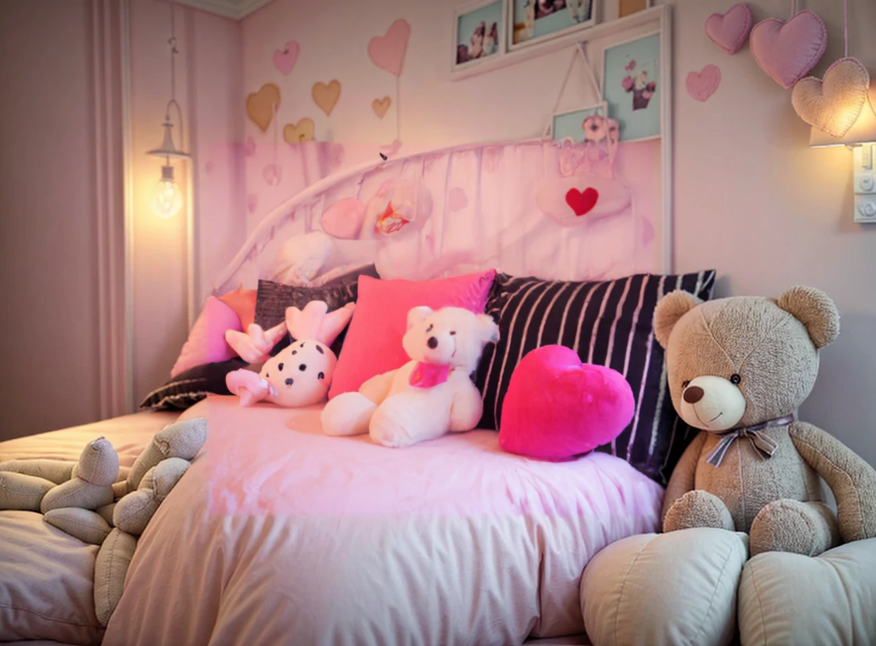 detailed bedroom interior, bed with heart shaped pillows, teddy bear plush dolls on bed, romantic cozy atmosphere, soft lighting, pastel color palette, beautiful detailed textures, photorealistic, highly detailed, masterpiece