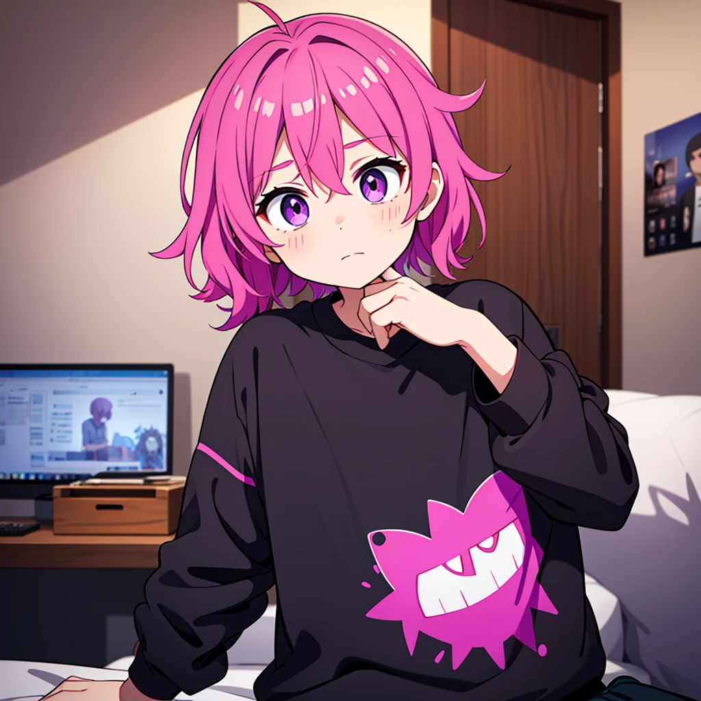 Saika have ,he is a boy, he has short striking pink hair that falls in soft waves around his face, complementing his vibrant purple eyes. His features are sharp and defined, with a youthful charm that is accentuated by his slender build. He often wears a stylish black jacket over a graphic t-shirt and jogging àd sometimes tight, completing his edgy and modern look, he is in his bedroom.