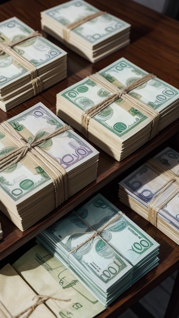A lot of money, Brazilian Real banknotes, on top of a table, notes in bundles