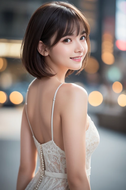 girl, White skin, Dark brown short tiered hair, V cut with layers and bangs, Brown eyes, Soft atmosphere characteristics (Highest quality, Ultra-high resolution, 8K, RAW Photos, Ultra-high resolution: 1.2, masterpiece: 1.2), (Realistic, Realistic: 1.37), Very detailed, Professional Lighting, Photon Mapping, Radio City, Physically Based Rendering, Japanese, One Girl, alone, cute, Nice, Adorable, A light smile, Normal chest, Back view,dress