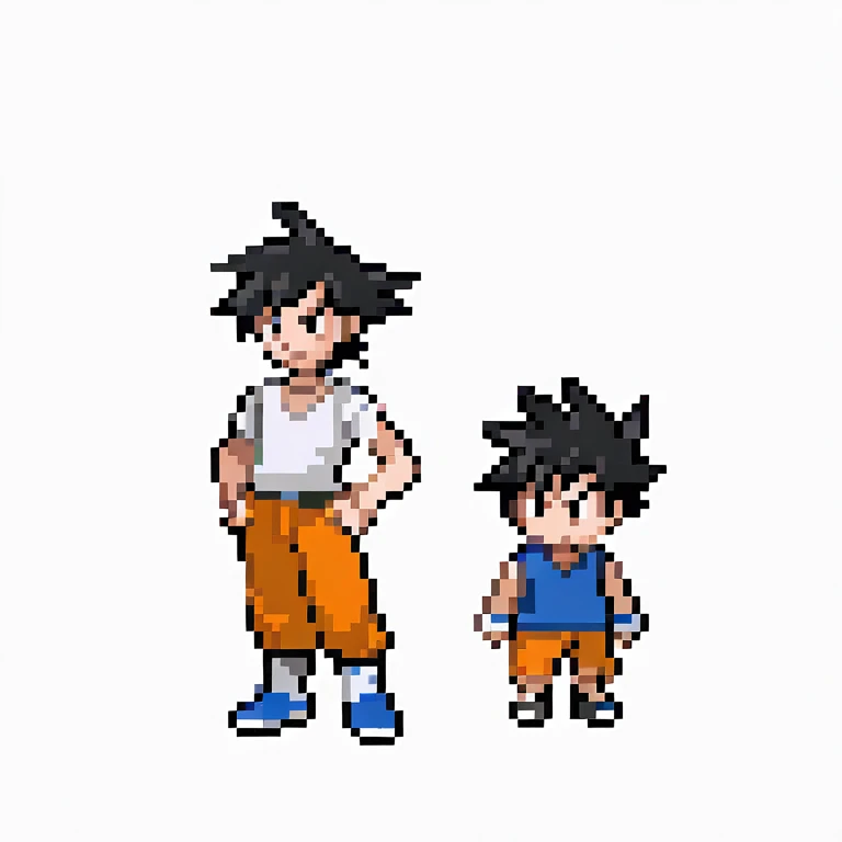 Overworld sprite generation 4, White youngster,messy black hair,orange dragon ball Z hoodie,