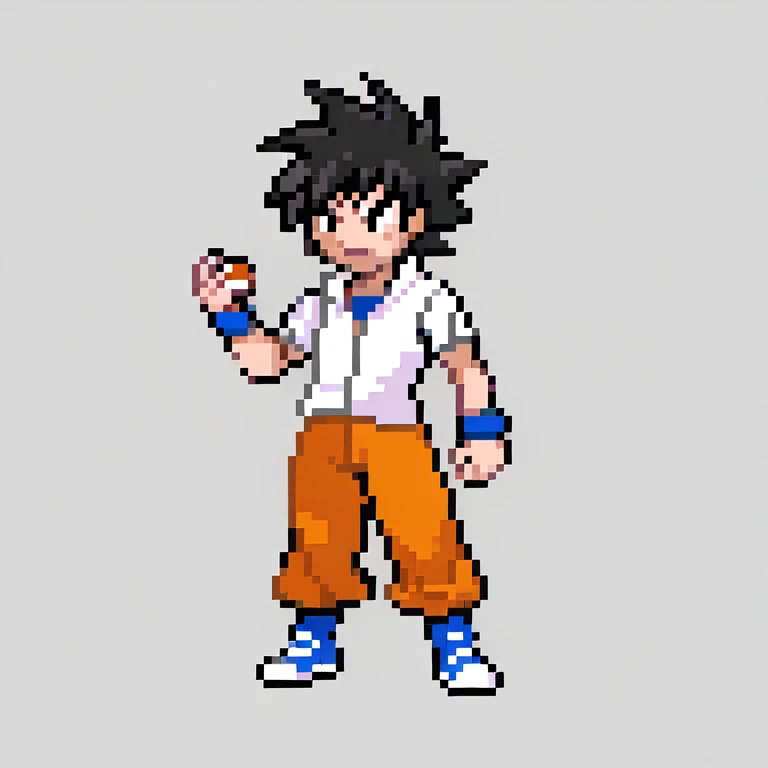 Overworld sprite generation 4, White youngster,messy black hair,orange dragon ball Z hoodie,