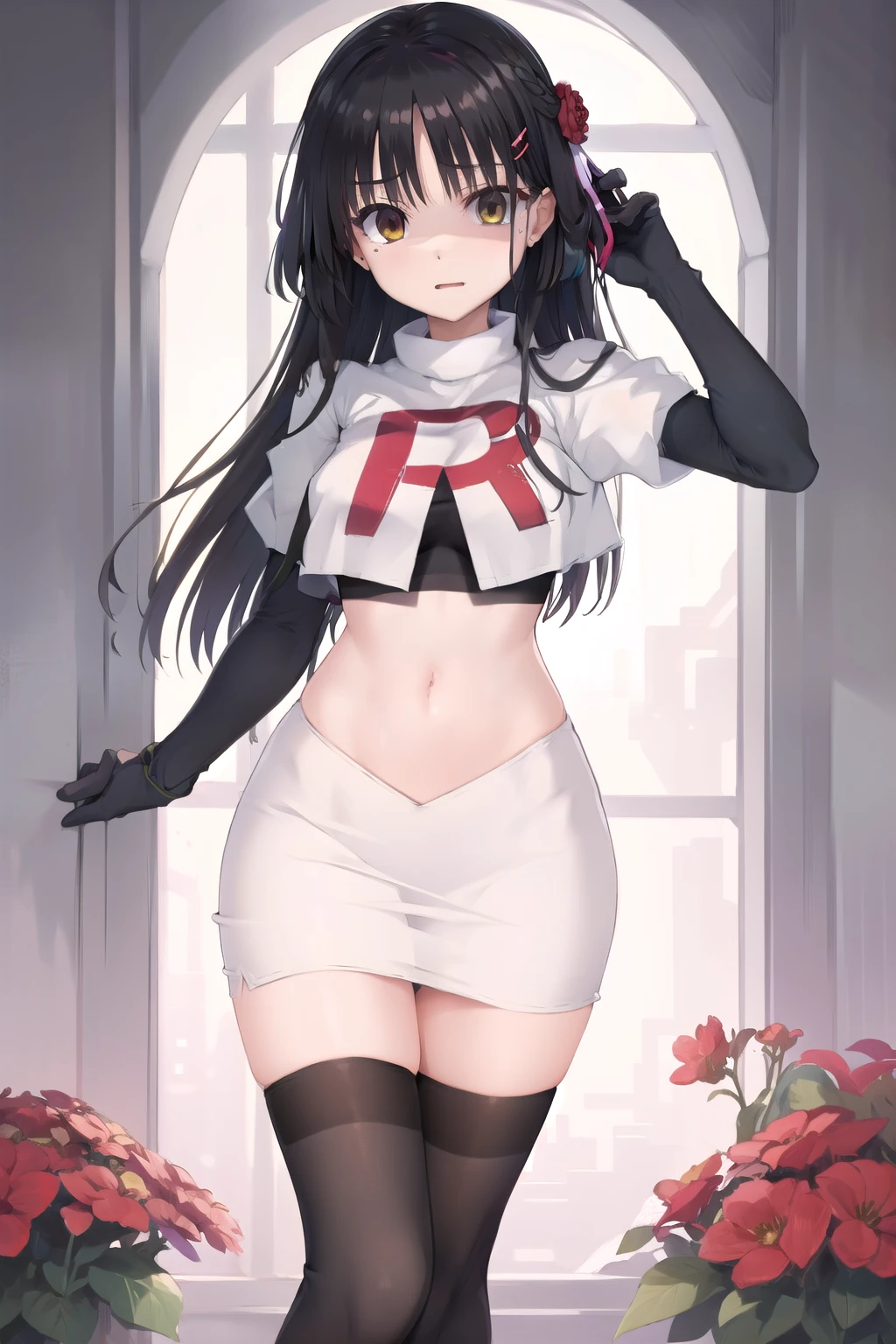 solo, Natsume, black hair, yellow eyes, long hair, hairclip, hair ribbon, mole under eye, hair flower, red flower, team rocket,team rocket uniform,white skirt,red letter R,crop top,black thigh-highs,black elbow gloves