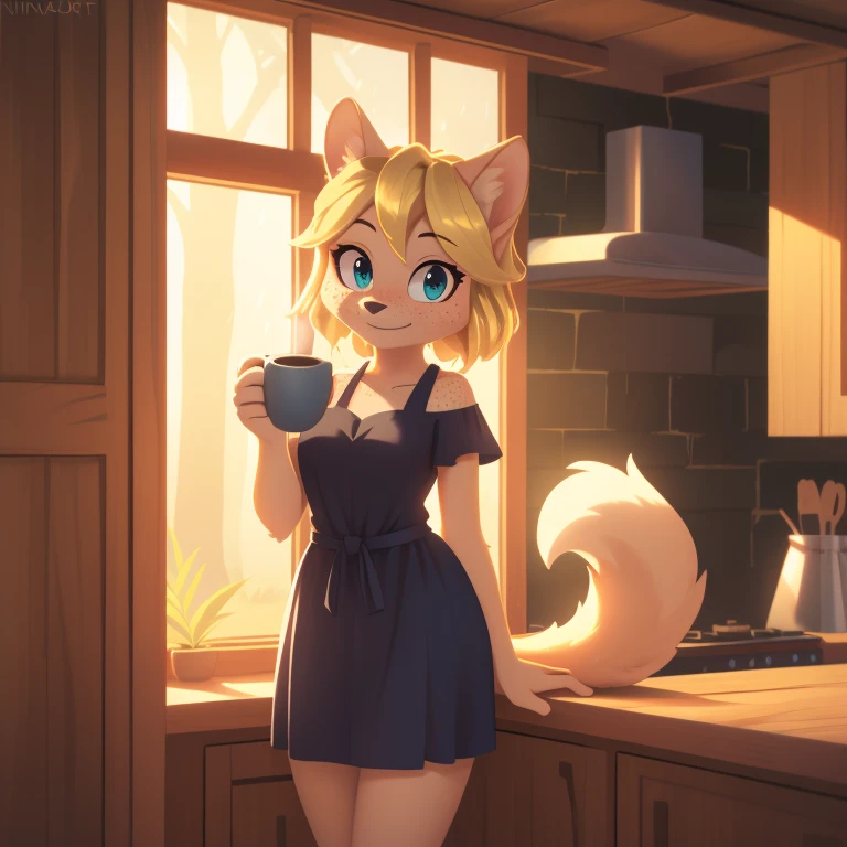 minerva, medium breast,
(detailed blonde hair:1.4), (detailed perfect eyes:1.2), white fur, (detailed fluffy fur:1.2), perfect hourglass body, mink snout, (long fluffy blonde tail:1.3), beautiful black eyes, relaxed pose, looking at viewer,
(freckles:1.2), light smile,
serving coffee,
(masterpiece:1.2), (best quality:1.2), (intricate:1.2), (highly detailed:1.2), (sharp:1.2), (8k:1.2), (highres:1.2),
cinematic summer tropical lighting, vivid colors,
kitchen, wooden cabin,
window, forest, rain,
aliceinwonderlandoutfit