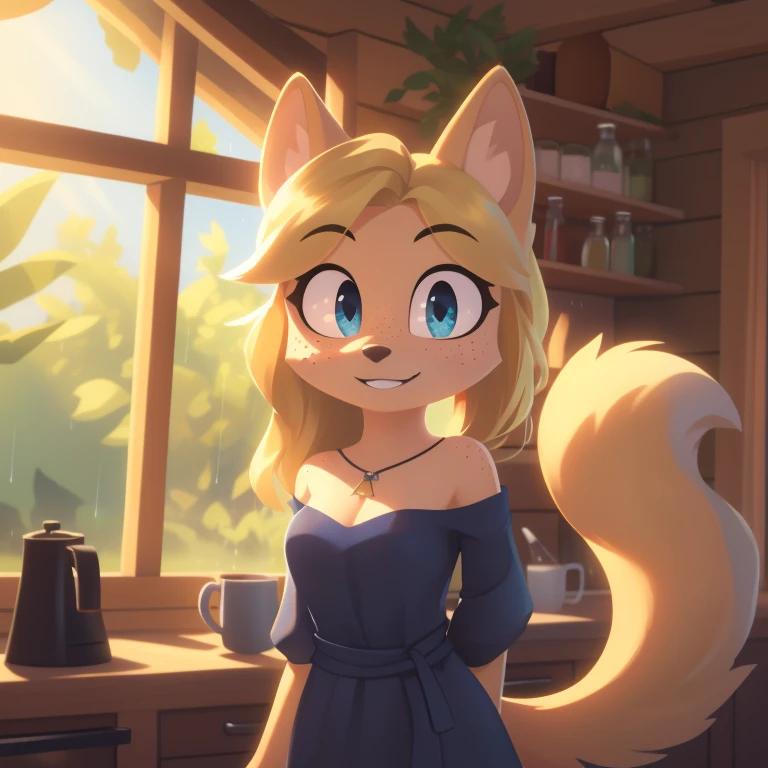 minerva, medium breast,
(detailed blonde hair:1.4), (detailed perfect eyes:1.2), white fur, (detailed fluffy fur:1.2), perfect hourglass body, mink snout, (long fluffy blonde tail:1.3), beautiful black eyes, relaxed pose, looking at viewer,
(freckles:1.2), light smile,
serving coffee,
(masterpiece:1.2), (best quality:1.2), (intricate:1.2), (highly detailed:1.2), (sharp:1.2), (8k:1.2), (highres:1.2),
cinematic summer tropical lighting, vivid colors,
kitchen, wooden cabin,
window, forest, rain,
aliceinwonderlandoutfit