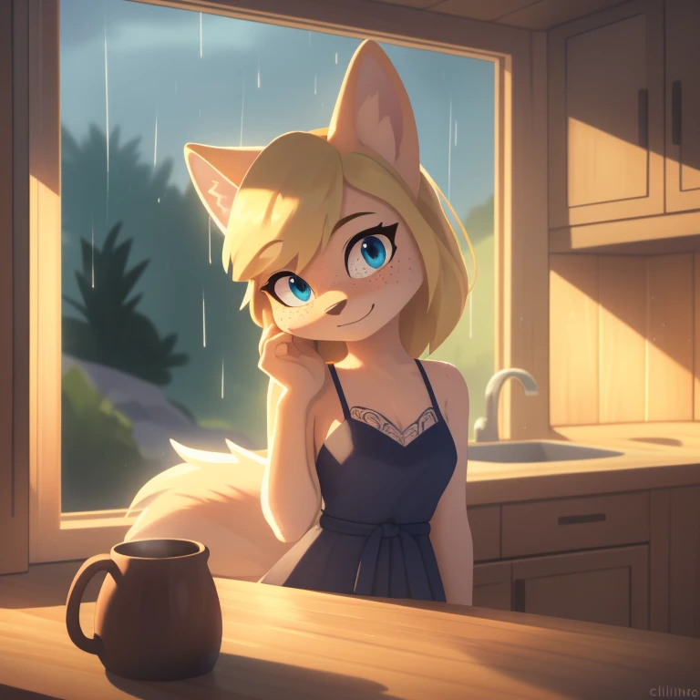 minerva, medium breast,
(detailed blonde hair:1.4), (detailed perfect eyes:1.2), white fur, (detailed fluffy fur:1.2), perfect hourglass body, mink snout, (long fluffy blonde tail:1.3), beautiful black eyes, relaxed pose, looking at viewer,
(freckles:1.2), light smile,
serving coffee,
(masterpiece:1.2), (best quality:1.2), (intricate:1.2), (highly detailed:1.2), (sharp:1.2), (8k:1.2), (highres:1.2),
cinematic summer tropical lighting, vivid colors,
kitchen, wooden cabin,
window, forest, rain,
aliceinwonderlandoutfit