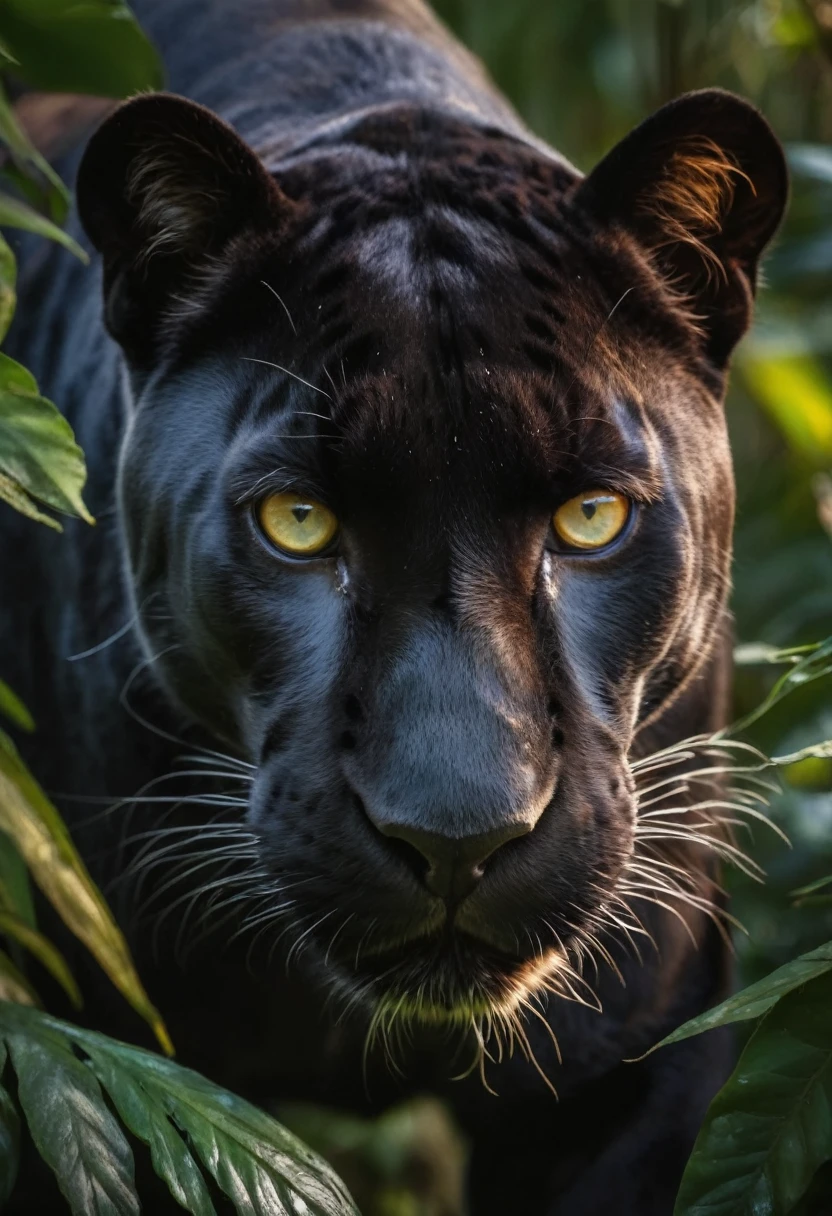 RAW photography of a strong panther lurking in the jungle, his piercing eyes look straight at you through the bush, be majestic, nagual, insane detail, Amazing lighting, 8K, hdr, vibrant and colorful, work of art