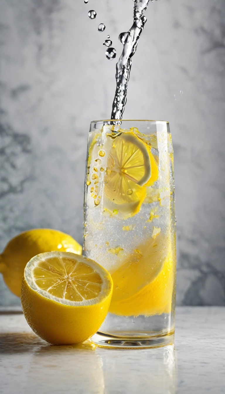 In a clear glass with water droplets floating in it、Lemon squash