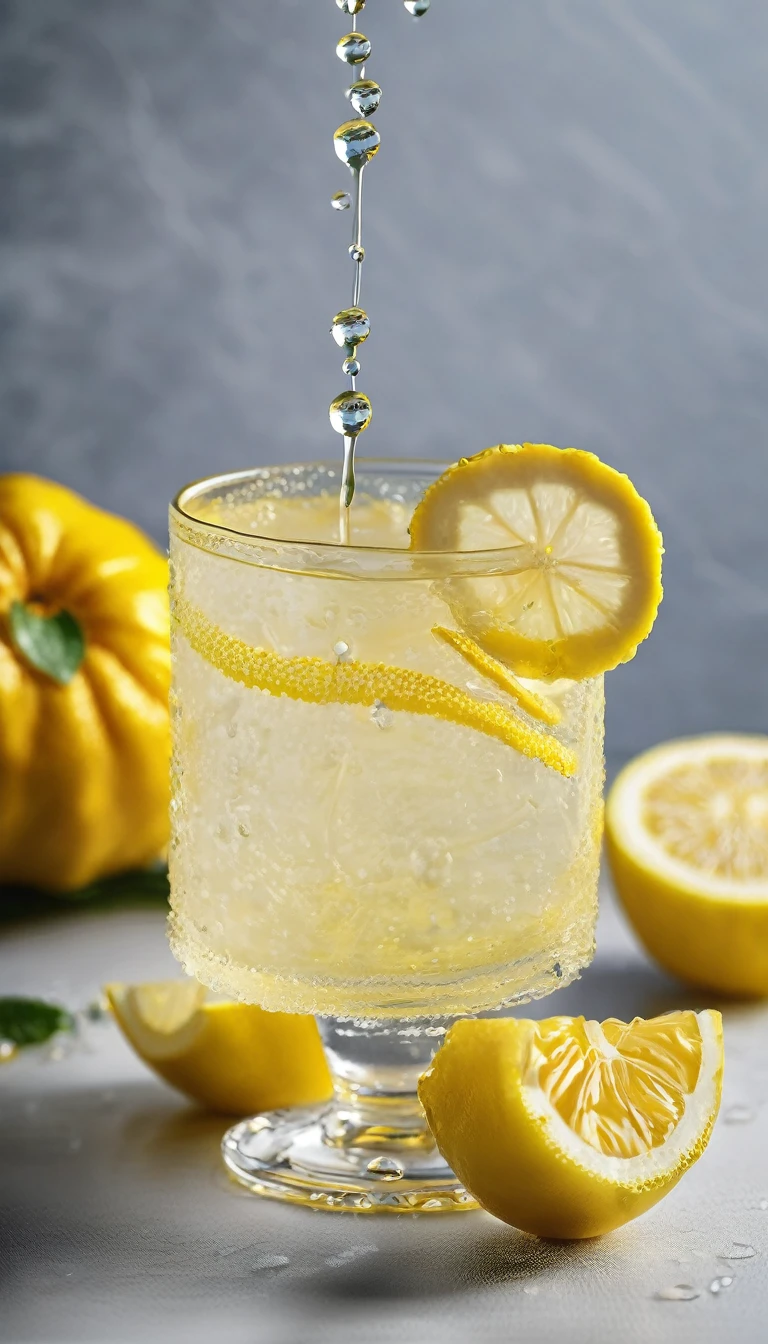 In a clear glass with water droplets floating in it、Lemon squash