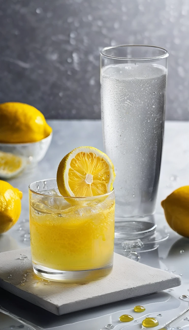 In a clear glass with water droplets floating in it、Lemon squash