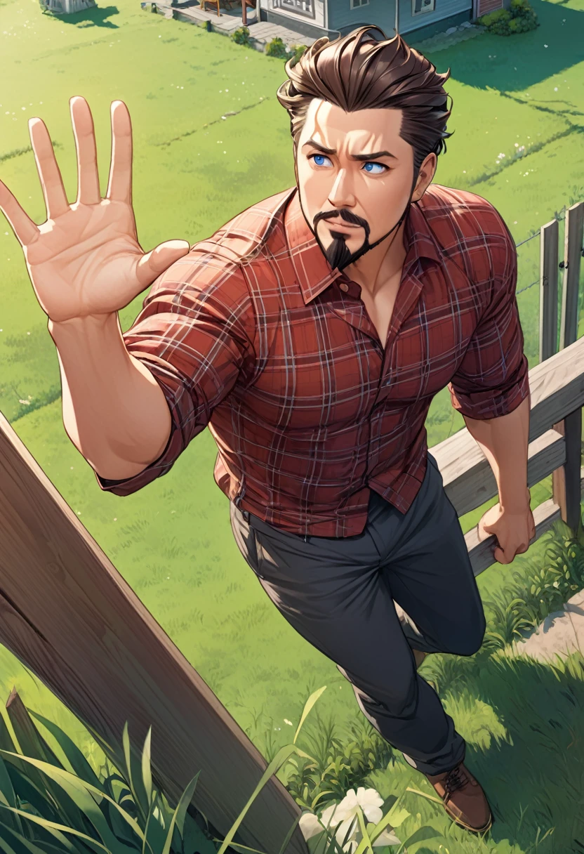 detailed illustration ,dynamic angle, ultra-detailed, detailed eyes, detailed face, 1boy, dark brown hair, sharp hair, crisp hair, goatee, red plaid shirt, dark blue eyes, detailed eyes, waving, leaning on fence, grass, house, standing in yard