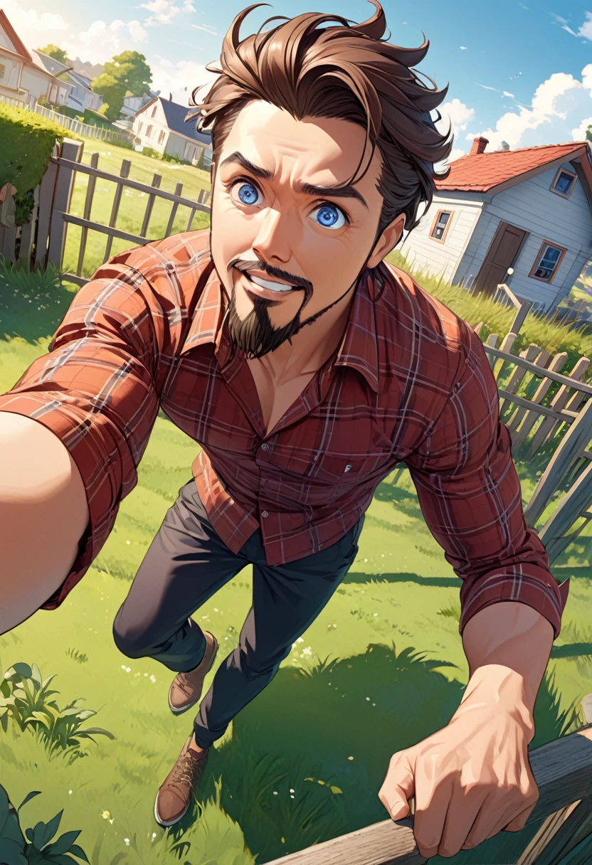 detailed illustration ,dynamic angle, ultra-detailed, detailed eyes, detailed face, 1boy, dark brown hair, sharp hair, crisp hair, goatee, red plaid shirt, dark blue eyes, detailed eyes, waving, leaning on fence, grass, house, standing in yard