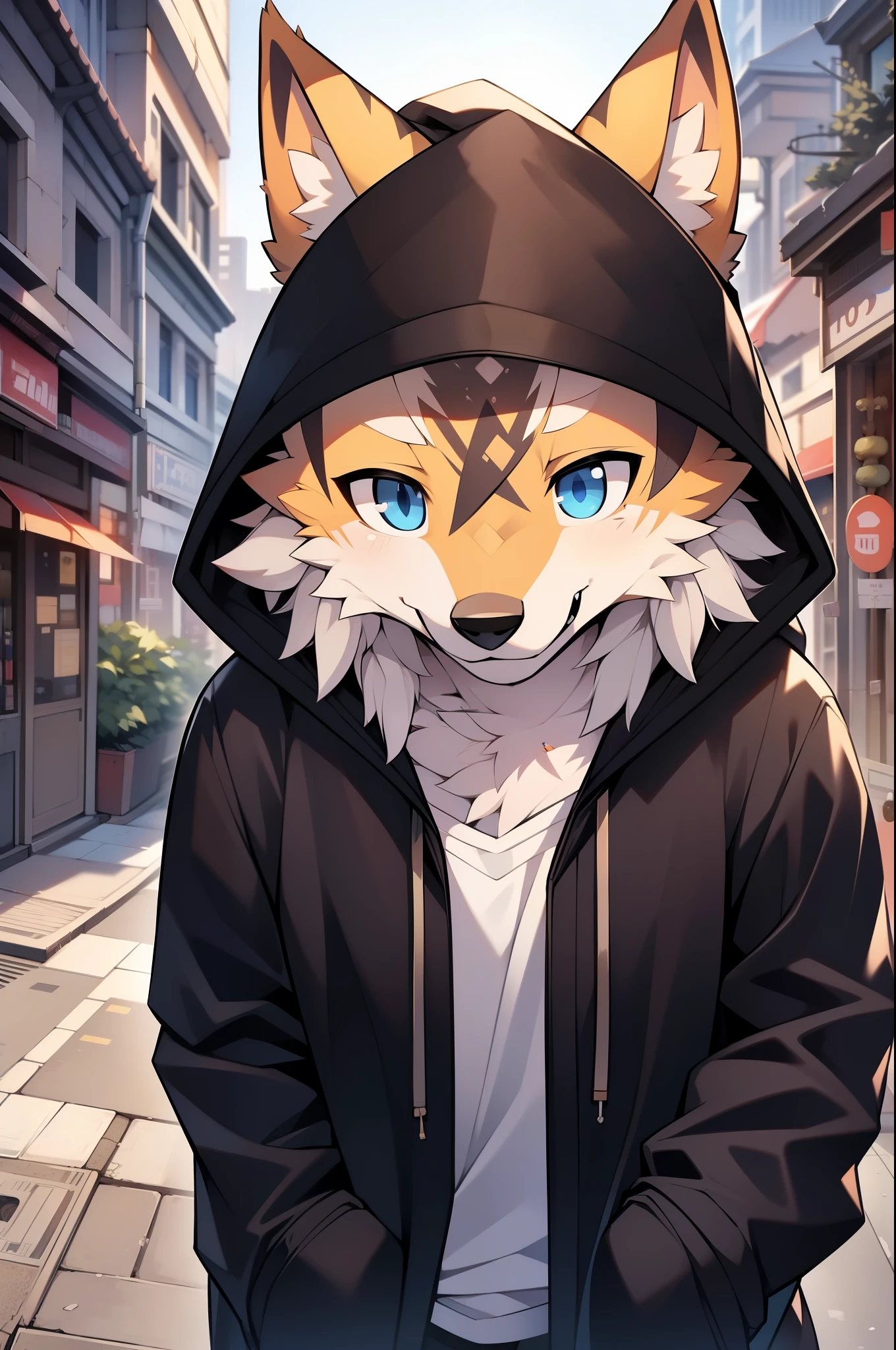 masterpiece,High quality,furry,male,(wolf),(yellow fur),(hoodie),blue eye,In the street,perfect background,Scar on the face,Smile,One person