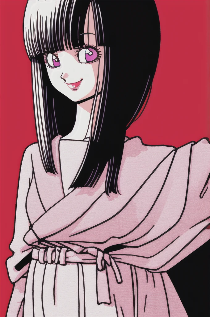 akira toriyama style,1girl, mature lady, ((solo:1.4)), modern clothes, long black hair, pink eyes, anime coloring, innocent smile, ((masterpiece))