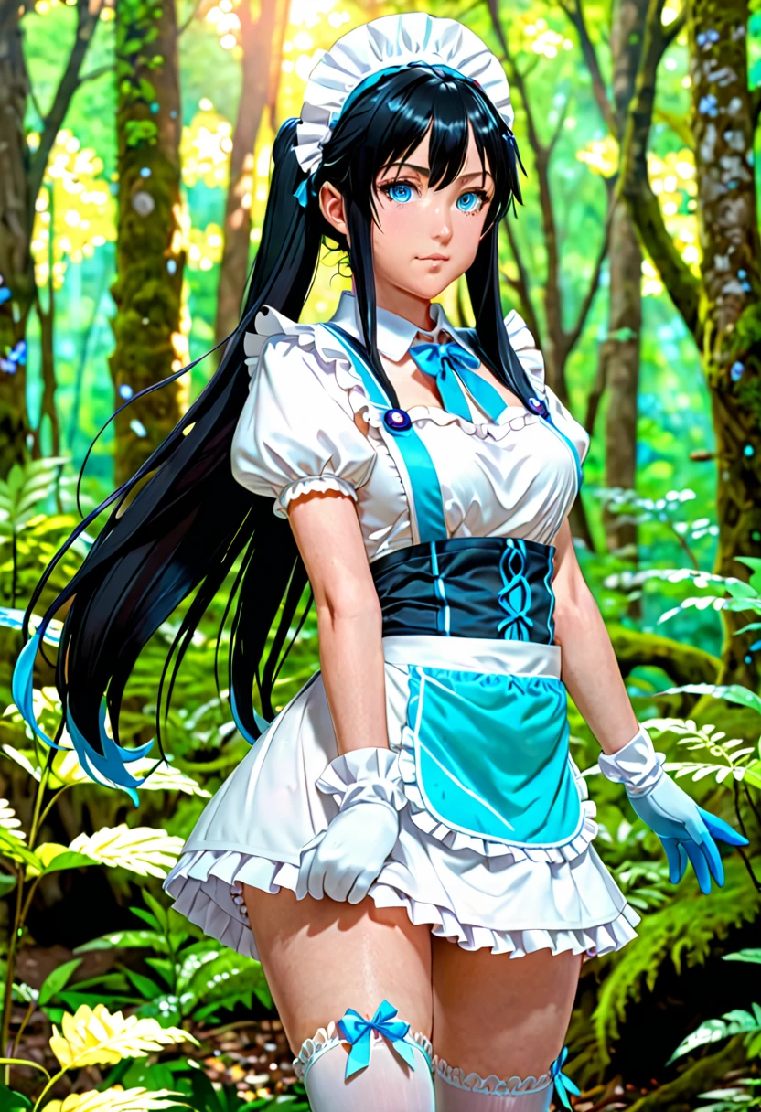 character female, nude with long black hair and blue eyes, Hestia, twintails, white gloves, art style anime moe, a sexy maid in a magical forest, short skirt, wide hips, hands on hips, aqua from konosuba, anime girl, full body, enhaced, cinematic, 8K