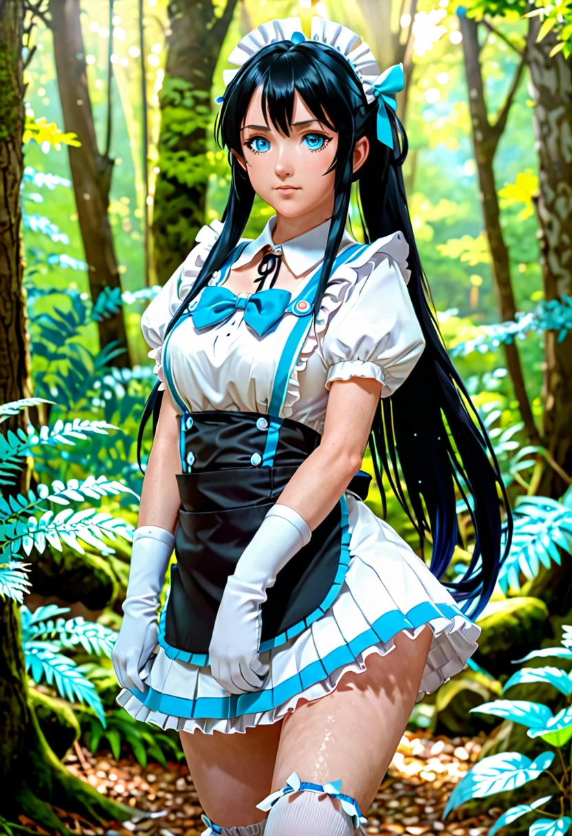 character female in a white dress with long black hair and blue eyes, Hestia, twintails, white gloves, art style anime moe, a sexy maid in a magical forest, short skirt, wide hips, hands on hips,  aqua from konosuba, anime girl in a maid costume, full body, enhaced, cinematic, 8K (pechos descubiertos) (tetas descubiertas) (cuerpo completo) (fondo detallado) (hiperrealista)
