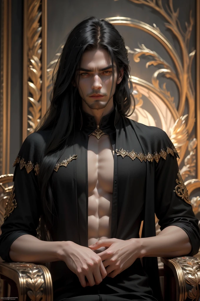 {anatomy}(Masterpiece - Ultra-detailed, very high resolution) Prepare to be enchanted by a true masterpiece that combines ultra-detailed art with high-resolution rendering. This work portrays a man with long black hair (1.3) and captivating golden eyes (1.2), emanating an aura of mystery in decadent settings. The intricate details and realistic textures invite you to explore every aspect of this enchanting composition. man in black clothes. Rebel look. Serious. Smooth, hairless skin.