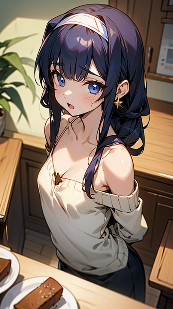 (small breasts:1.3), (perky chest:1.1), (pointed chest:1.0), (Pudding cake magazine cover:1.3),(from above:1.0),(from side:0.9),masterpiece, 1girl, Amazing Cleavage:1.1, thin waist, big ass, Raised sexy, small breast: 1.3, sexy posed cleavage:1.2,solo, open mouth, have a cute grass of cute beergrass,bronde hair, dark blue eyes, dress, bare shoulders, jewelry, collarbone, sidelocks, hairband, earrings, indoors, off shoulder, sweater, arms behind back, plant, short hair with long locks, gild hairband, sweater dress:1.2, off-shoulder sweater, red sweater, dark gord hair, big side hair, very long side hair,is rendered in (masterpiece: 1.2, best quality), with (ultra high resolution) and an exquisite (depth of field). This masterpiece is not only visually stunning but also tells,A scene of cooking in the kitchen in the classroom ,looking at viewer,
